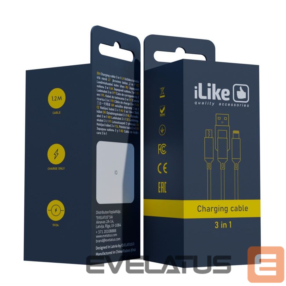 Kaabel iLike Charging Cable 3 in 1, USB, Type C, Lightning, CCI02 Black