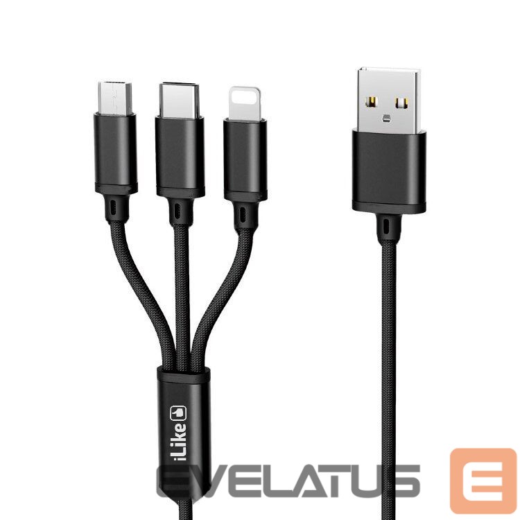 Kaabel iLike Charging Cable 3 in 1, USB, Type C, Lightning, CCI02 Black