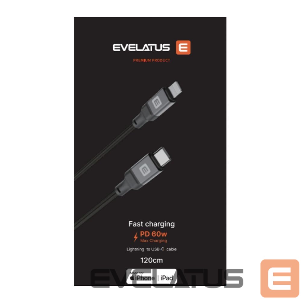 Kaabel Evelatus Evelatus USB C to Lightning Cable 1.2M 60W (MFI09) Aluminum housing braiding Black