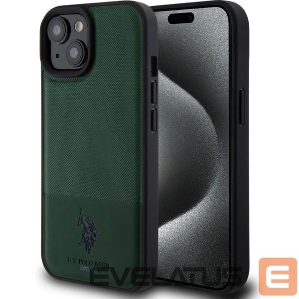 Tagakaaned U.S. Polo PU Apple iPhone 15 Leather Mesh Pattern Double Horse Case Green