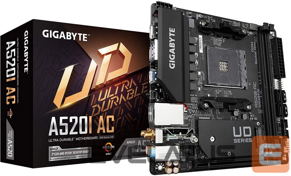 Intel protsessori emaplaat Gigabyte A520I AC Processor family AMD, Processor socket AM4, DDR4 DIMM, Memory slots 2, Number of SATA connectors 4, Chipset AMD A, Mini ITX