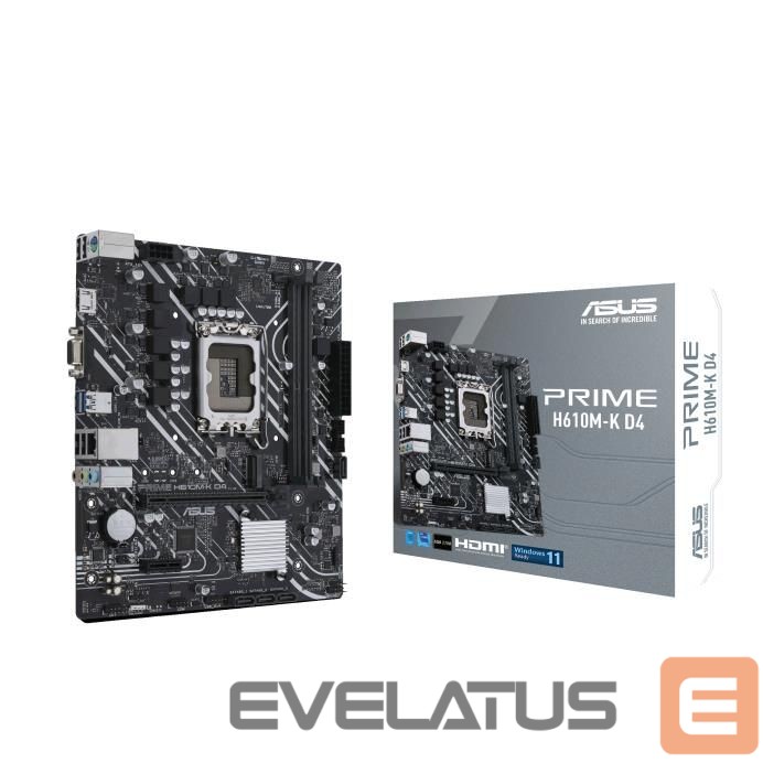 Intel protsessori emaplaat Asus Mainboard||Intel H610|LGA1700|MicroATX|Memory DDR4|Memory slots 2|1xPCI-Express 3.0 1x|1xPCI-Express 4.0 16x|1xM.2|1x15pin D-sub|1xHDMI|2xAudio-In|1xAudio-Out|4xUSB 2.0|2xUSB 3.2|1xPS/2|1xRJ45|PRIMEH610M-KD4