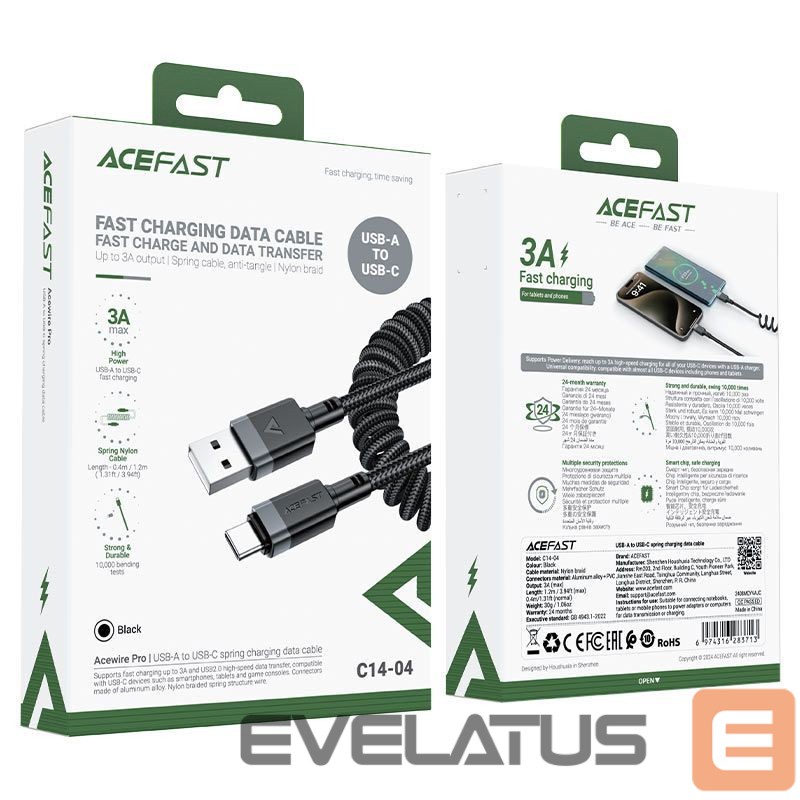 Kaabel Acefast C14-04 USB-A - USB-C Cable Spring 480Mb/s 3A 1.2m spring charging data cable Black