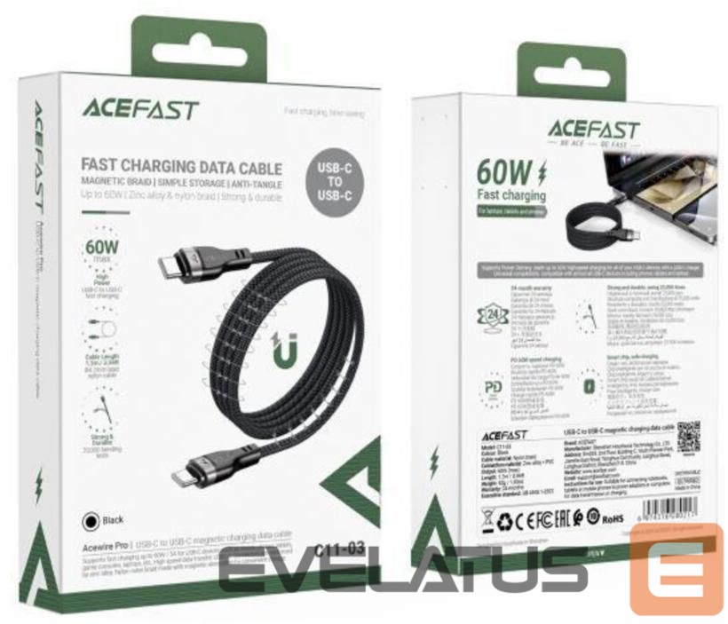 Kaabel Acefast 3in1 Cable Acefast C11-03 USB-C - USB-C 480Mb/s 100W 1.2m Black