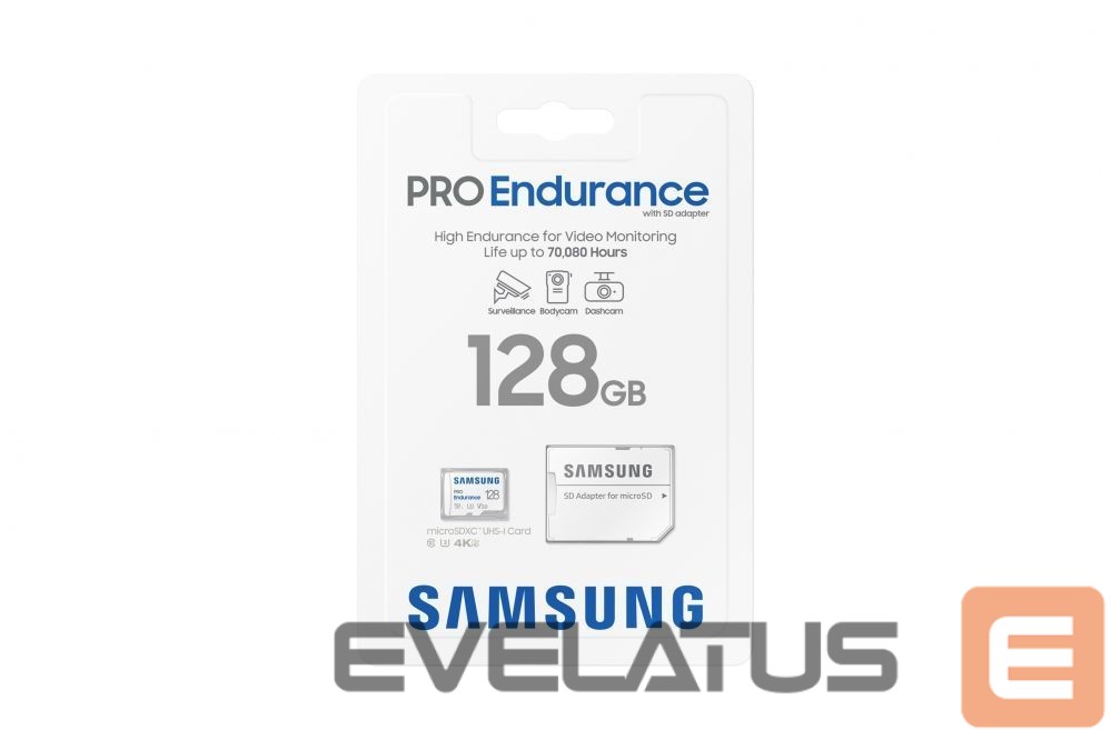 Mälukaardid Samsung SAMSUNG PRO Endurance MB-MJ128KA/EU 128 GB, MicroSD Memory Card, Flash memory class U3, V30, Class 10, SD adapter