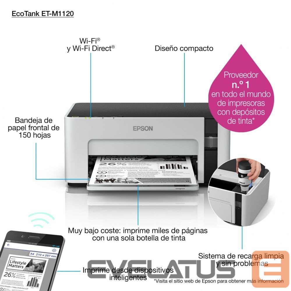 Printerid EPSON Printer EcoTank M1120 Mono, Inkjet, Standard, Wi-Fi, A4, Grey
