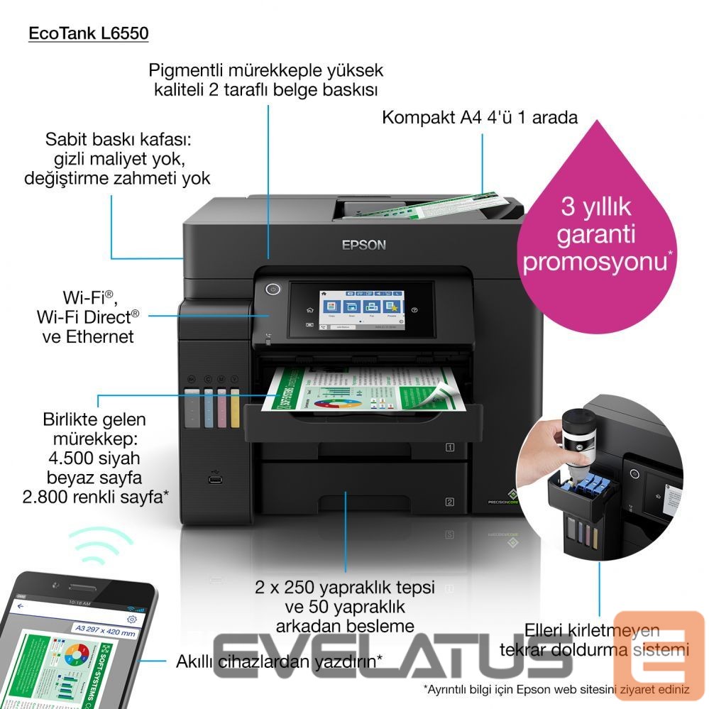 Printerid EPSON Multifunctional Printer EcoTank L6550 Colour, Inkjet, A4, Wi-Fi, Black
