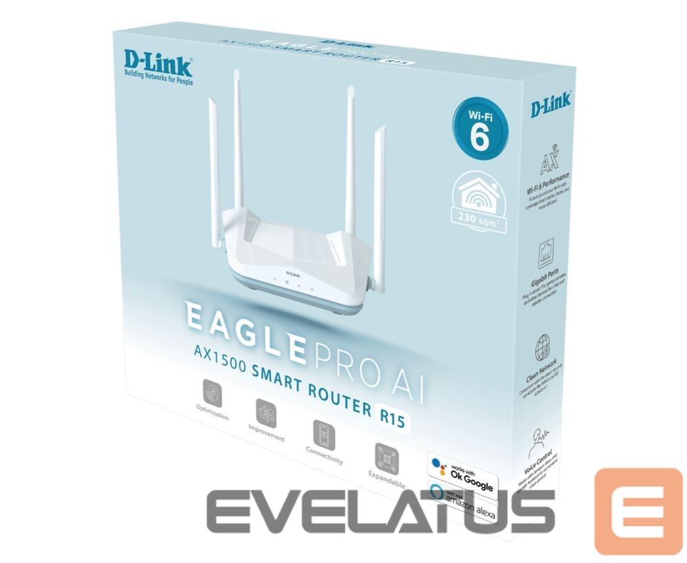 Ruuterid D-link AX1500 Smart Router R15 802.11ax, 1200+300 Mbit/s, 10/100/1000 Mbit/s, Ethernet LAN (RJ-45) ports 3, Mesh Support Yes, MU-MiMO Yes, Antenna type 4xExternal