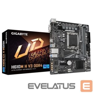 Intel protsessori emaplaat Gigabyte  Mainboard||Intel H610|LGA1700|Micro-ATX|Memory DDR4|Memory slots 2|1xPCI-Express 3.0 1x|1xPCI-Express 4.0 16x|1xM.2|1x15pin D-sub|1xHDMI|4xUSB 2.0|2xUSB 3.2|1xPS/2|1xRJ45|3xAudio port|H610MHV3DDR4 