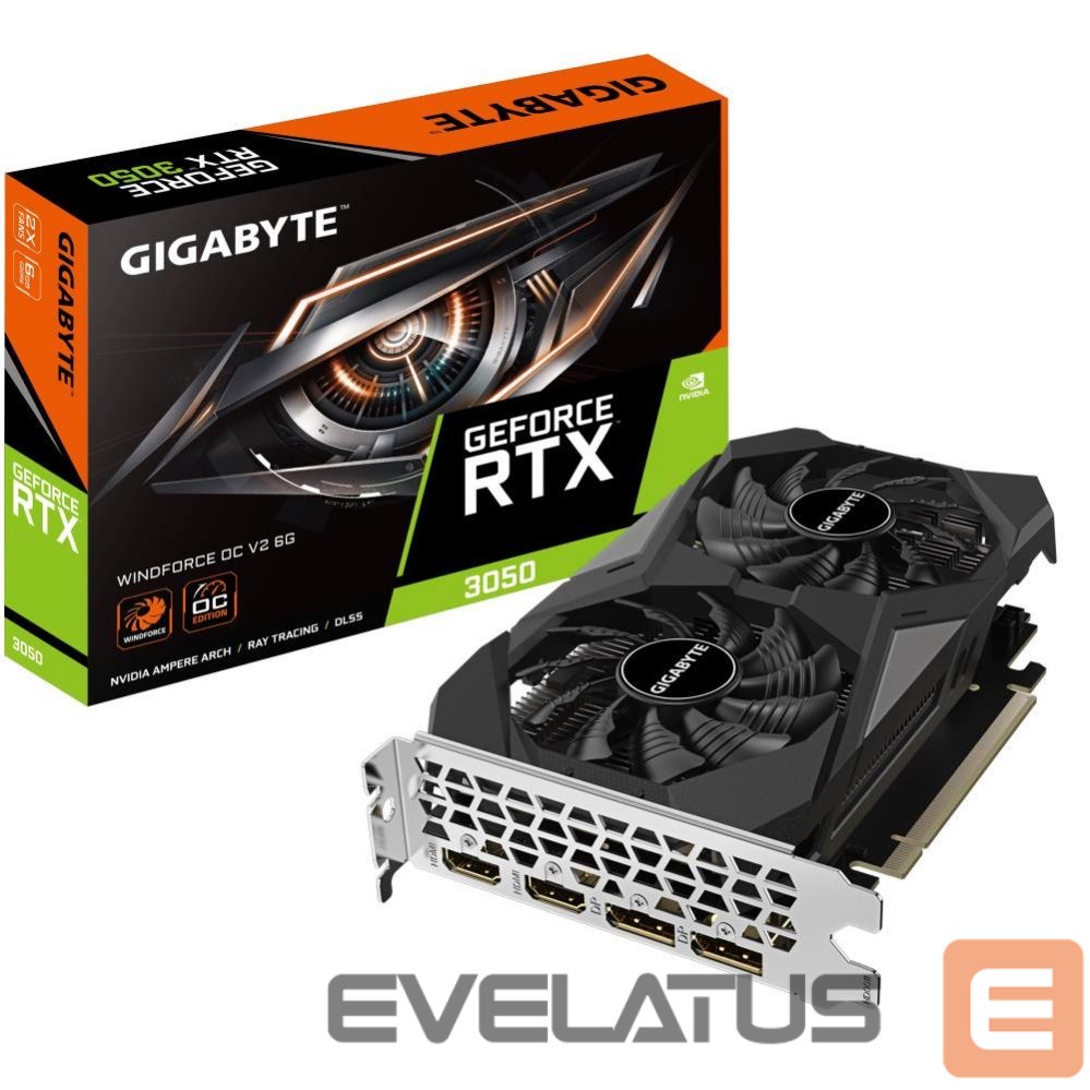 Graafikakaart / ideokaardid Gigabyte Graphics Card||NVIDIA GeForce RTX 3050|6 GB|GDDR6|96 bit|PCIE 4.0 16x|Memory 14000 MHz|GPU 1477 MHz|2xHDMI|2xDisplayPort|GV-N3050WF2OCV2-6GD