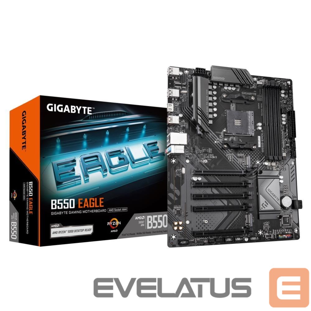 AMD protsessori emaplaat Gigabyte Mainboard||AMD B550|SAM4|ATX|Memory DDR4|Memory slots 4|4xPCI-Express 3.0 1x|1xPCI-Express 4.0 16x|2xM.2|1xHDMI|4xUSB 2.0|1xUSB 3.2 type B|2xUSB 3.2|1xUSB-C|1xRJ45|3xAudio port|B550EAGLE1.0