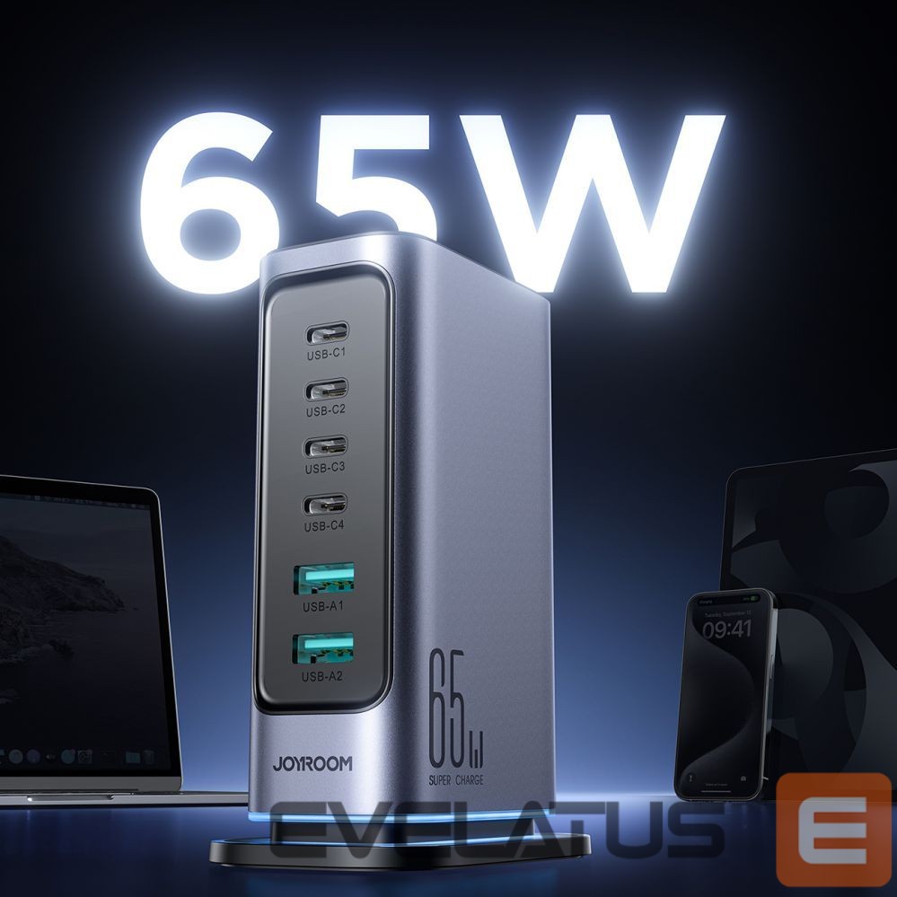 Kaabel Joyroom Joyroom JR-TCM02 Multiport GaN Charger 65W EU 4x USB-C 2x USB-A - Dark Gray