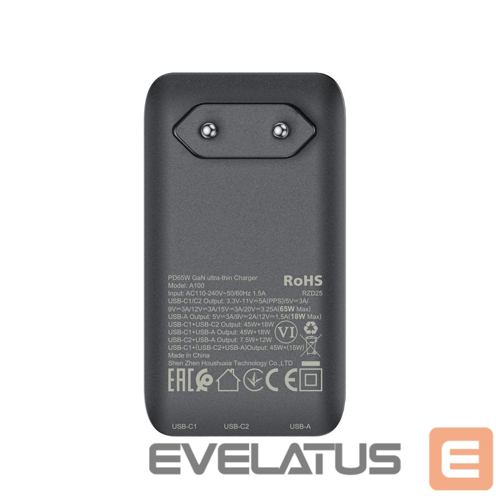 Adaptrid Acefast Acefast A100 65W GaN 2 USB-C+ USB-A Charger Ultra Slim - Black