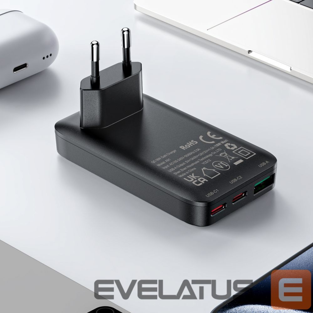 Adaptrid Acefast Acefast A100 65W GaN 2 USB-C+ USB-A Charger Ultra Slim - Black