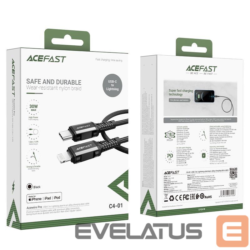 Kaabel Acefast Acefast C4-01 Lightning - USB-C PD cable 30W 3A 480Mb/s 1.8m - black