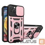 Tagakaaned Hurtel - Hybrid Armor Camshield Case with Stand and Camera Cover for iPhone 15 Plus - Pink 