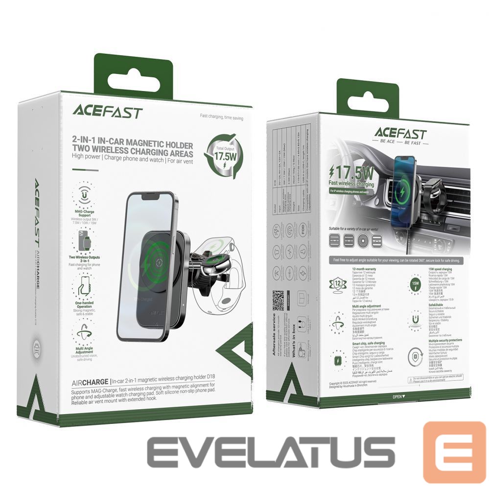 Adaptrid Acefast Acefast D18 car holder with MagSafe / Qi inductive charger + USB-A USB-C cable - black