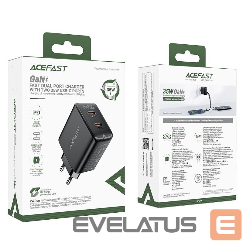 Adaptrid Acefast Fast charger GaN 35W PD 2x USB C Acefast A49 - black