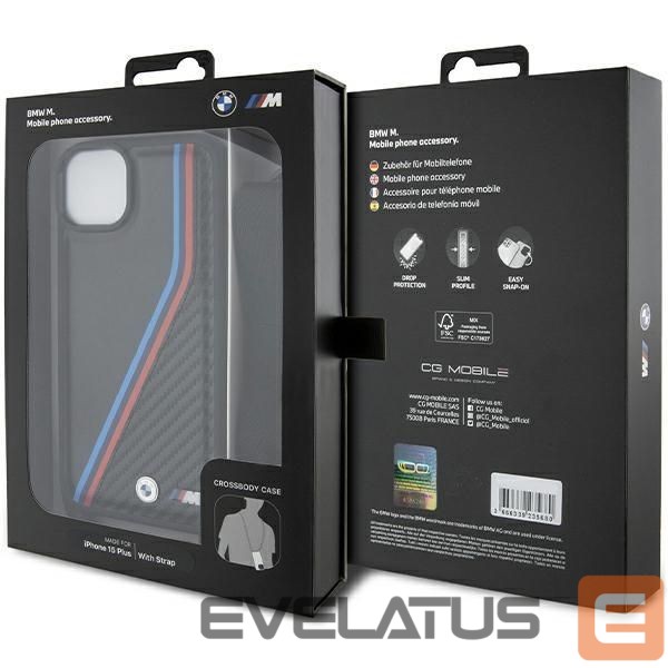 Tagakaaned BMW BMW M Edition Carbon Tricolor Lines & Strap case for iPhone 15 Plus / 14 Plus - black
