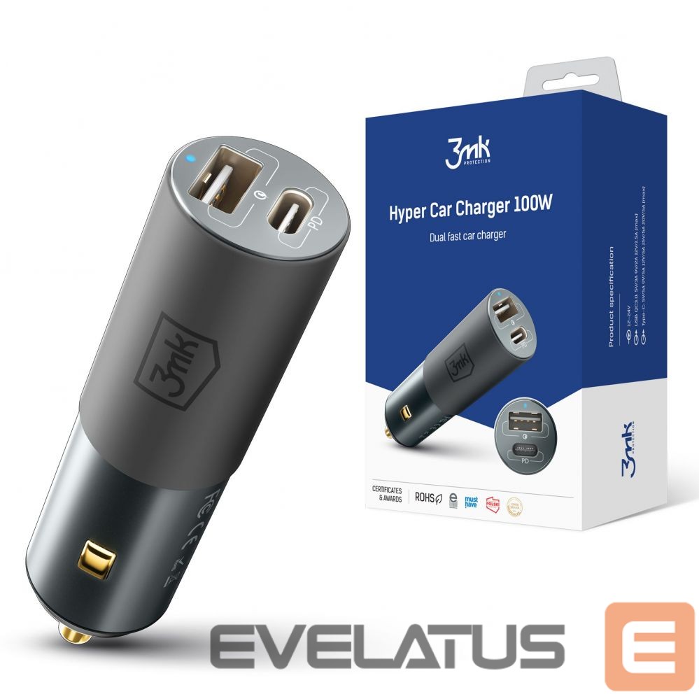 Kaabel 3MK 3mk Hyper Car Charger USB-C USB-A 100W - silver
