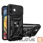 Tagakaaned Hurtel  Hybrid Armor Camshield iPhone 16 Plus Armored Case with Camera Cover and Stand - Black 