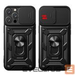 Tagakaaned Hurtel  Hybrid Armor Camshield iPhone 16 Pro Max Armored Case with Camera Cover and Stand - Black 