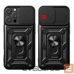 Tagakaaned Hurtel  Hybrid Armor Camshield iPhone 16 Pro Max Armored Case with Camera Cover and Stand - Black 