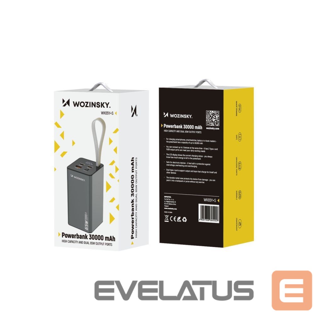 Väline aku Wozinsky Powerbank Wozinsky K65+ 65W 30000mAh 2x USB-C, 1x USB-A 65W - black