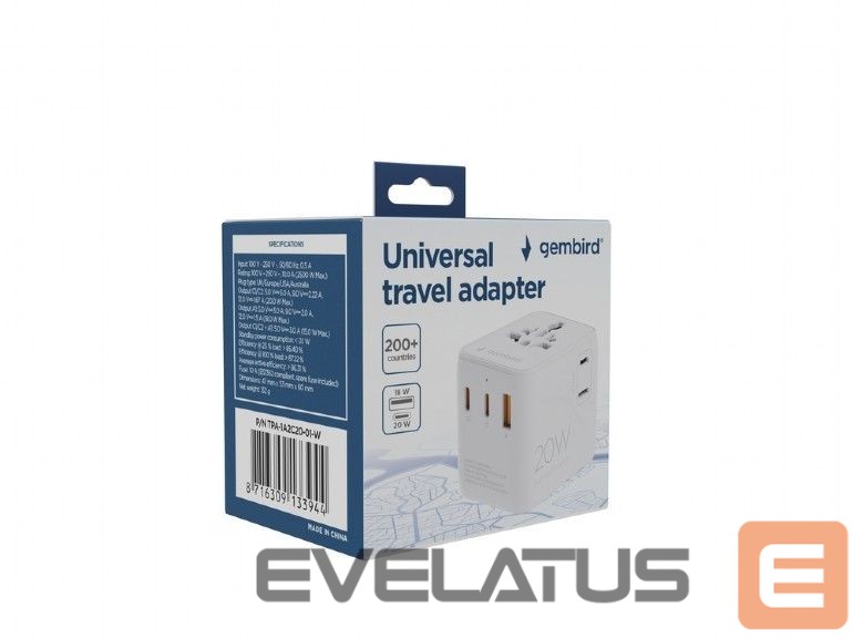 Adaptrid Gembird TPA-1A2C20-01-W Universal travel power adapter, 20 W, white |