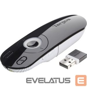 Kontoritarbed Targus  | Laser Presentation Remote | Black, Grey | Plastic | * Clear & intuitive layout enables users to open and operate a presentation with ease. Laser pointer makes it easy to highlight presentation content while the back-lit buttons make it easy to present in rooms with low-lighting.* Designed to feel natural and comfortable in your hand while presenting* Patent pending technology locks non-essential buttons to eliminate accidental button presses* 2.4 GHz wireless technology operates up to 15 metres away for added flexibility; USB receiver stores inside presenter* USB port required; True plug-and-play device, no drivers required; PC/Mac and netbook compatible | Weight 57 g 