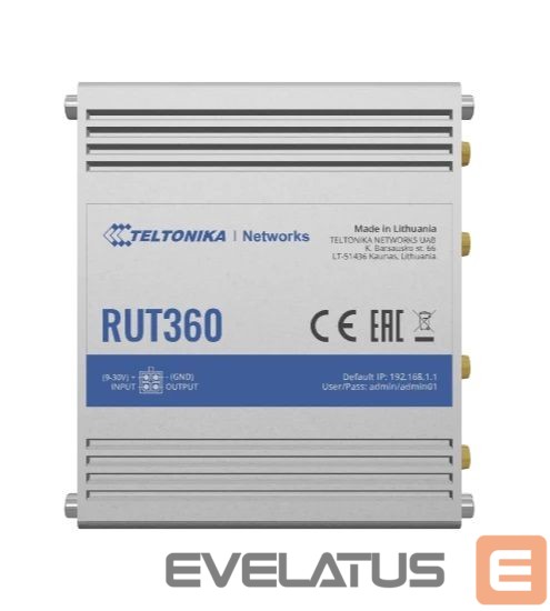 Ruuterid Teltonika Industrial Cellular Router RUT360 LTE CAT6 1 x LAN ports, 10/100 Mbps, compliance with IEEE 802.3, IEEE 802.3u standards, supports auto MDI/MDIX crossover Mbit/s, Ethernet LAN (RJ-45) ports 2 x RJ45 ports, 10/100 Mbps, Mesh Support No, MU-MiMO Yes, 3G/4G data sharing, Antenna type 2 x SMA for LTE, 2 x RP-SMA for WiFi