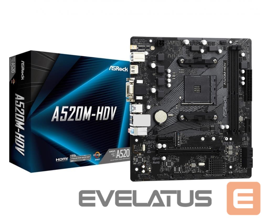 AMD protsessori emaplaat Asrock Mainboard||AMD A520|SAM4|MicroATX|1xPCI-Express 3.0 1x|1xPCI-Express 3.0 16x|1xM.2|Memory DDR4|Memory slots 2|1x15pin D-sub|1xDVI|1xHDMI|2xAudio-In|1xAudio-Out|2xUSB 2.0|4xUSB 3.2|1xPS/2|1xRJ45|A520M-HDV