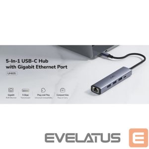 Ruuterid Cudy  UH605 USB-C 5-in-1 Hub Gigabit LAN 3x USB-A 3.0 Power Input Aluminum Grey 