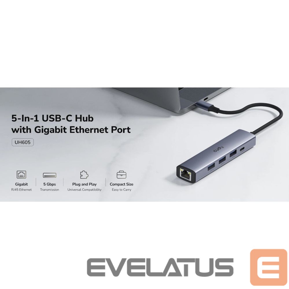 Ruuterid Cudy UH605 USB-C 5-in-1 Hub Gigabit LAN 3x USB-A 3.0 Power Input Aluminum Grey