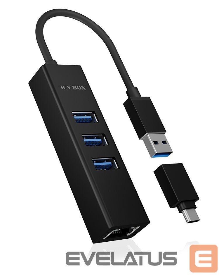 Ruuterid Raidsonic 4 Port Hub with USB 3.0 Type-A, Type-C, Gigabit LAN Icy Box IB-HUB1419-LAN Black