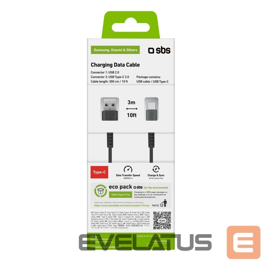 Kaabel SBS SBS TECABLETC3MTK USB-A - USB-C Cable 3m - Black