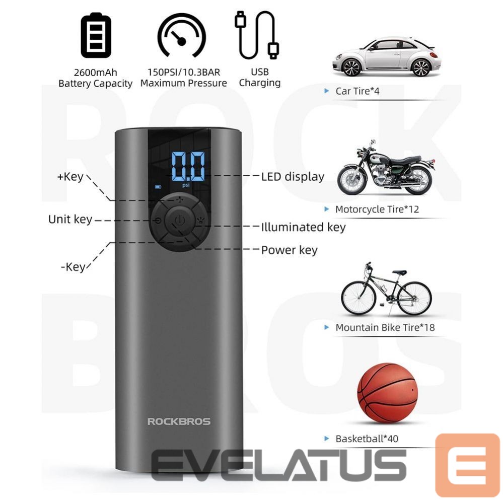 Jalgratta tarvik Rockbros Rockbros 42720001001 Electric Bike Pump with LED Display + USB-C - USB-A Cable - Black