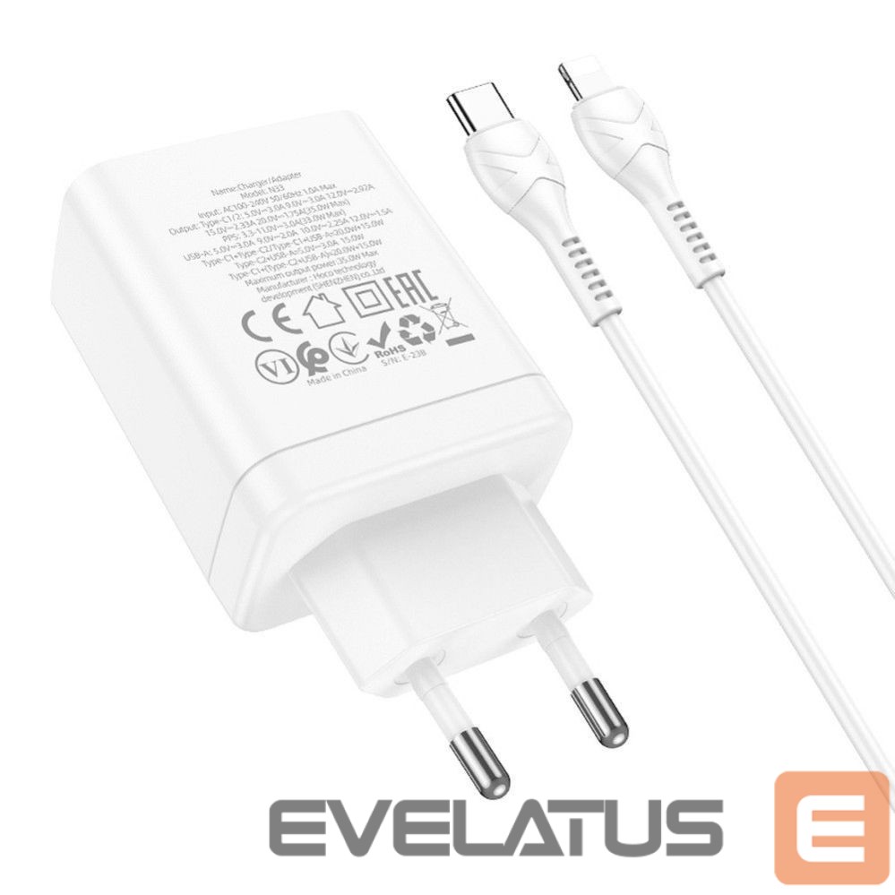Adaptrid Hoco Phone charger Hoco 2 x USB C + USB A QC3.0 PD 3A 35W + cable USB C to Lightning N33 white