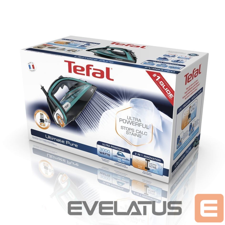 Triikrauad TEFAL | Ultimate Pure FV9844E0 | Steam Iron | 3200 W | Water tank capacity 350 ml | Continuous steam 60 g/min | Steam boost performance 250 g/min | Blue/Black