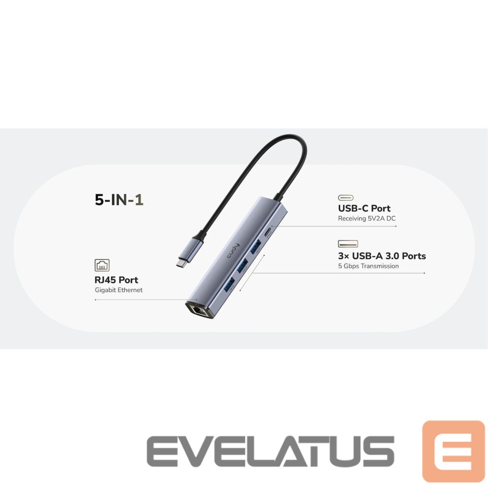Ruuterid Cudy UH605 USB-C 5-in-1 Hub Gigabit LAN 3x USB-A 3.0 Power Input Aluminum Grey