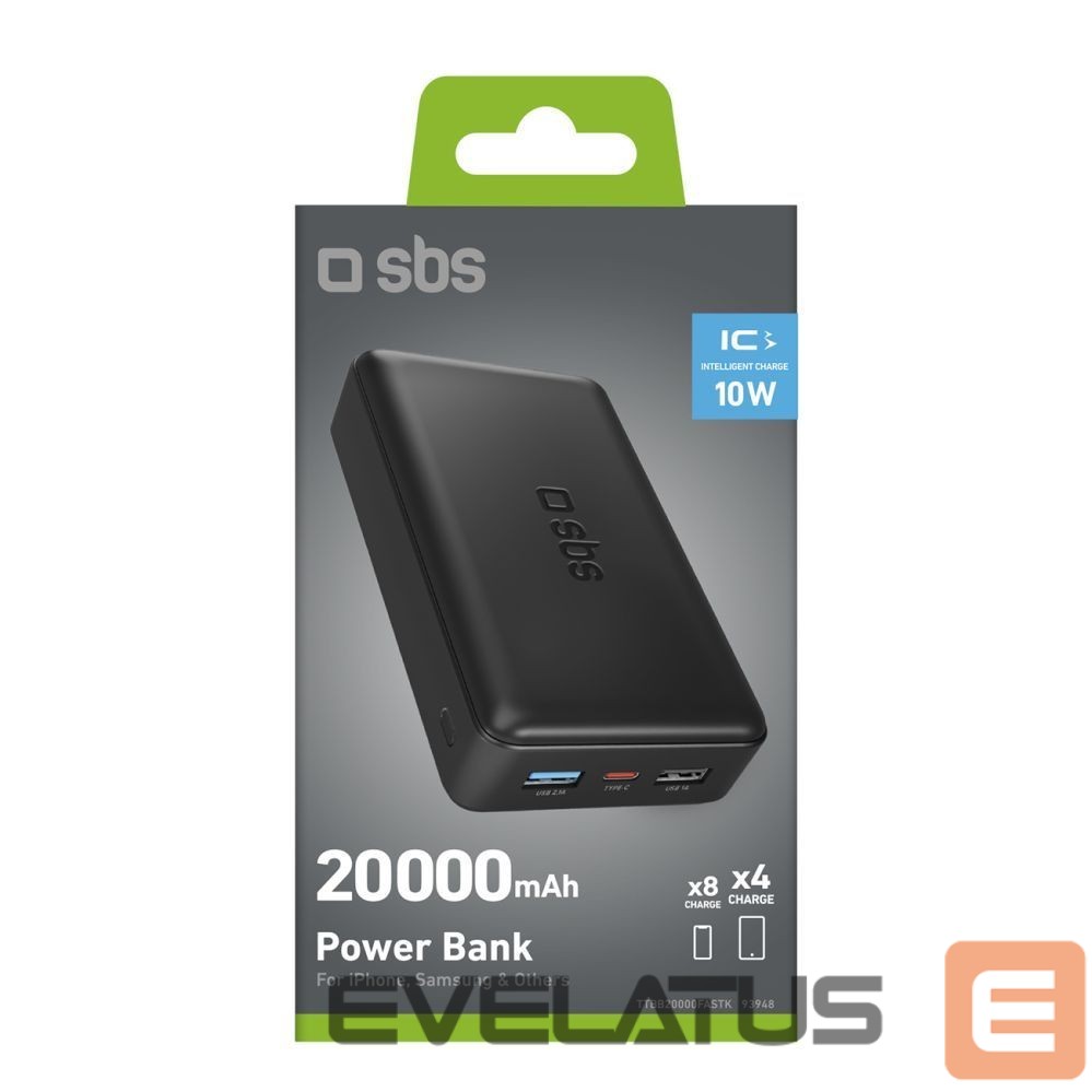 Väline aku SBS Powerbank Puro Fast 20000 mAh 2x USB-A + 1x USB-C - black