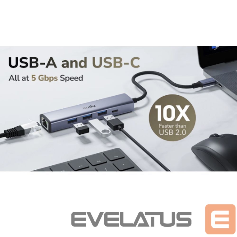 Ruuterid Cudy UH605 USB-C 5-in-1 Hub Gigabit LAN 3x USB-A 3.0 Power Input Aluminum Grey