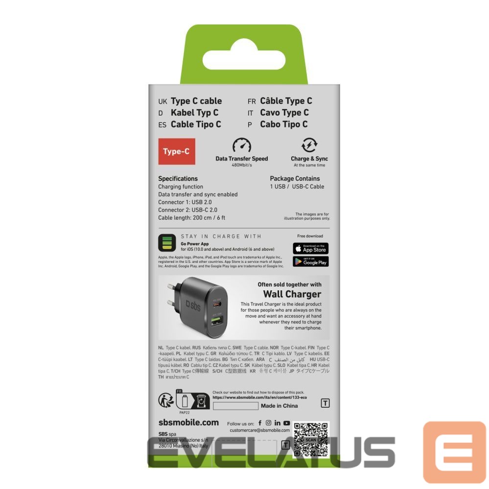 Kaabel SBS SBS TECABLETC220K USB-A - USB-C Cable 2 m - Black