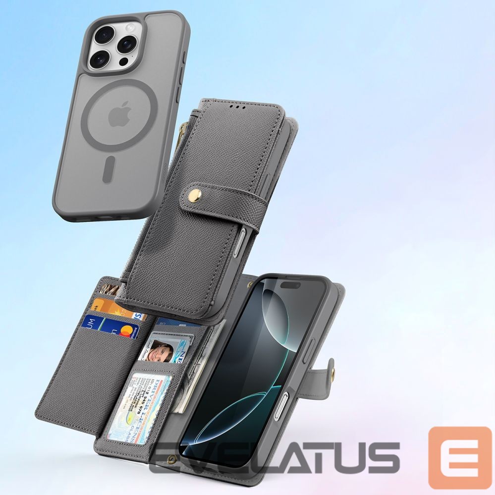Tagakaaned Dux Ducis Dux Ducis Lawa iPhone 16 Pro Leather Case with Detachable Magnetic Wallet - Gray