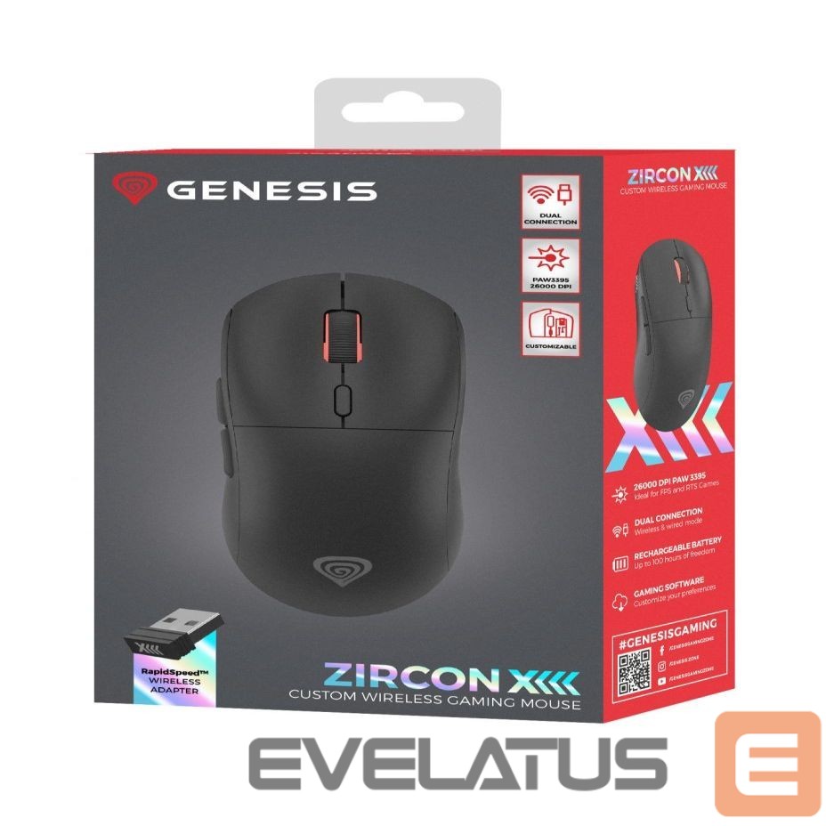 Arvutihiir Genesis Zircon XIII Custom | Wireless | Gaming Mouse | 2.4 GHz, USB | Black