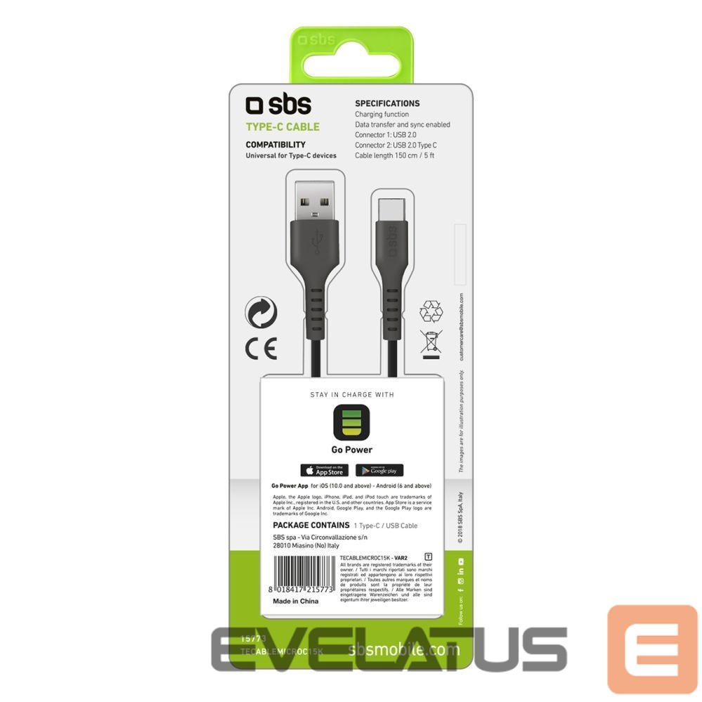 Kaabel SBS SBS TECABLEMICROC15K USB-A - USB-C Cable 1.5m - Black