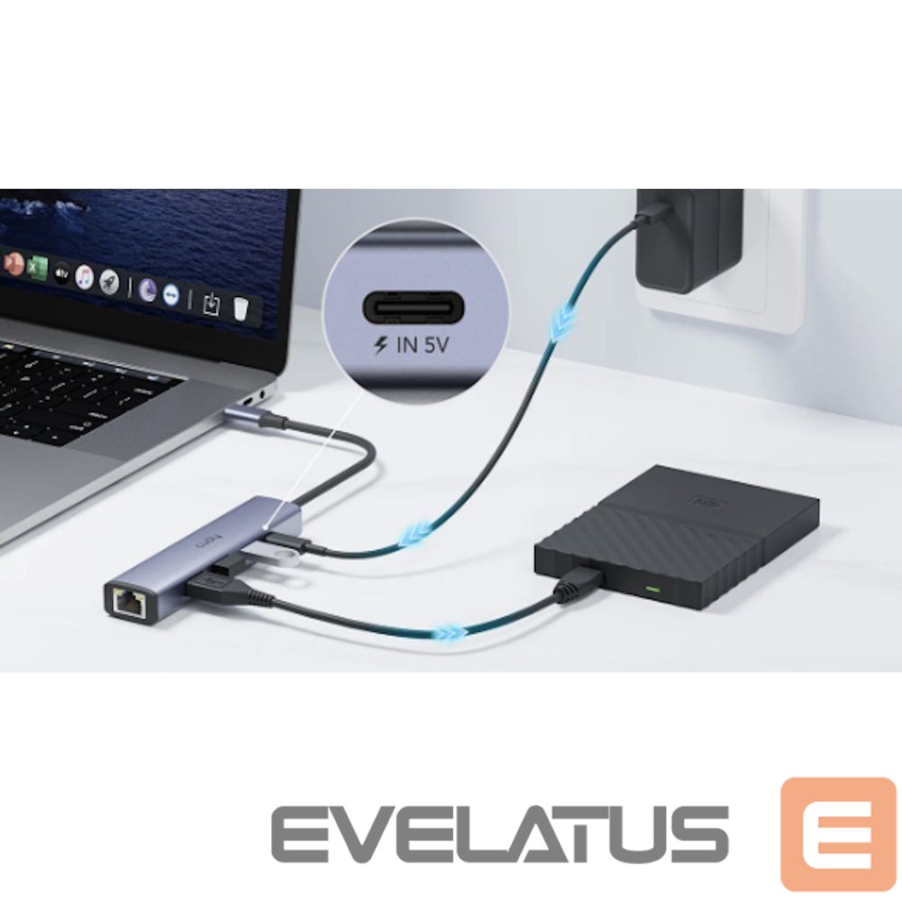 Ruuterid Cudy UH605 USB-C 5-in-1 Hub Gigabit LAN 3x USB-A 3.0 Power Input Aluminum Grey