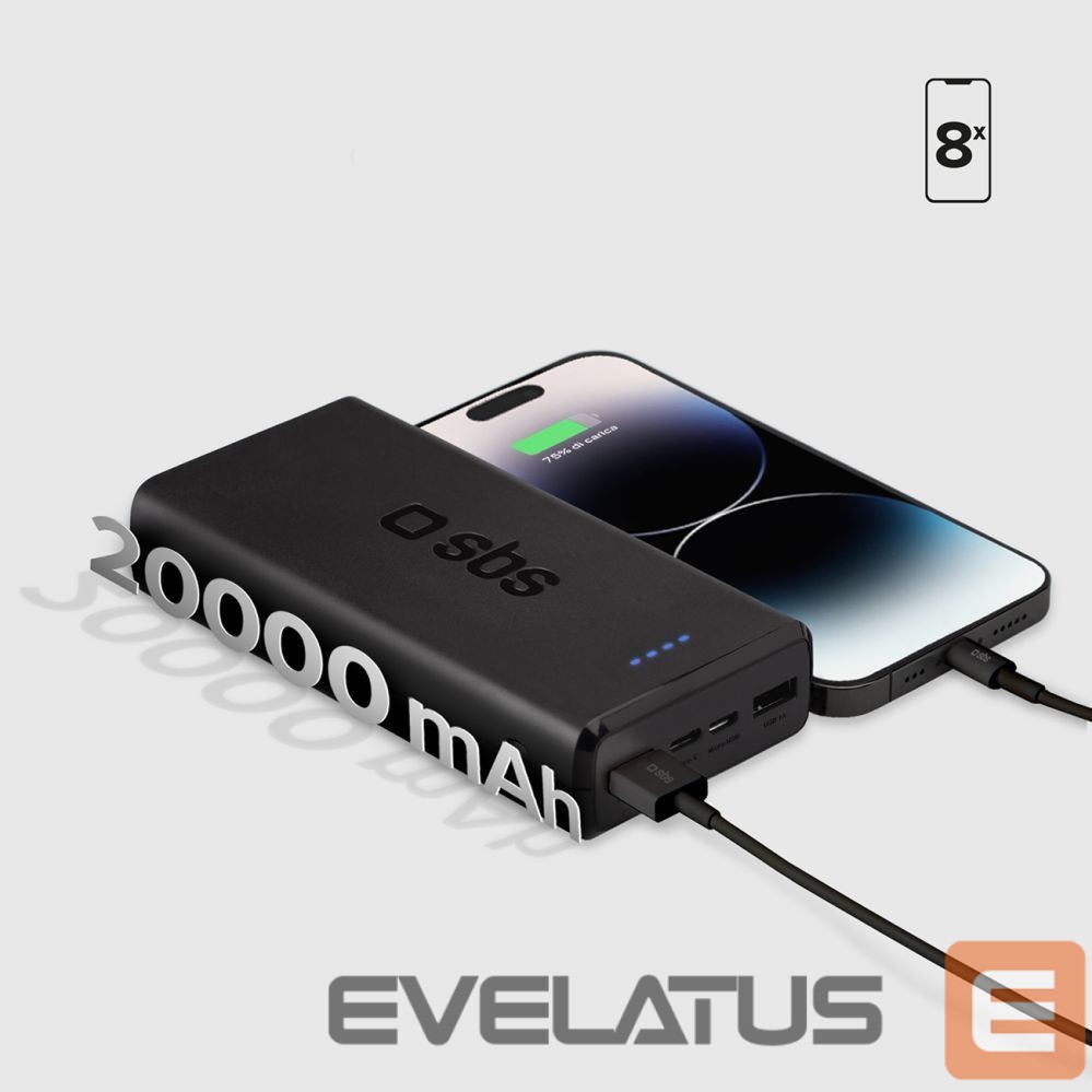 Väline aku SBS Powerbank Puro Fast 20000 mAh 2x USB-A + 1x USB-C - black