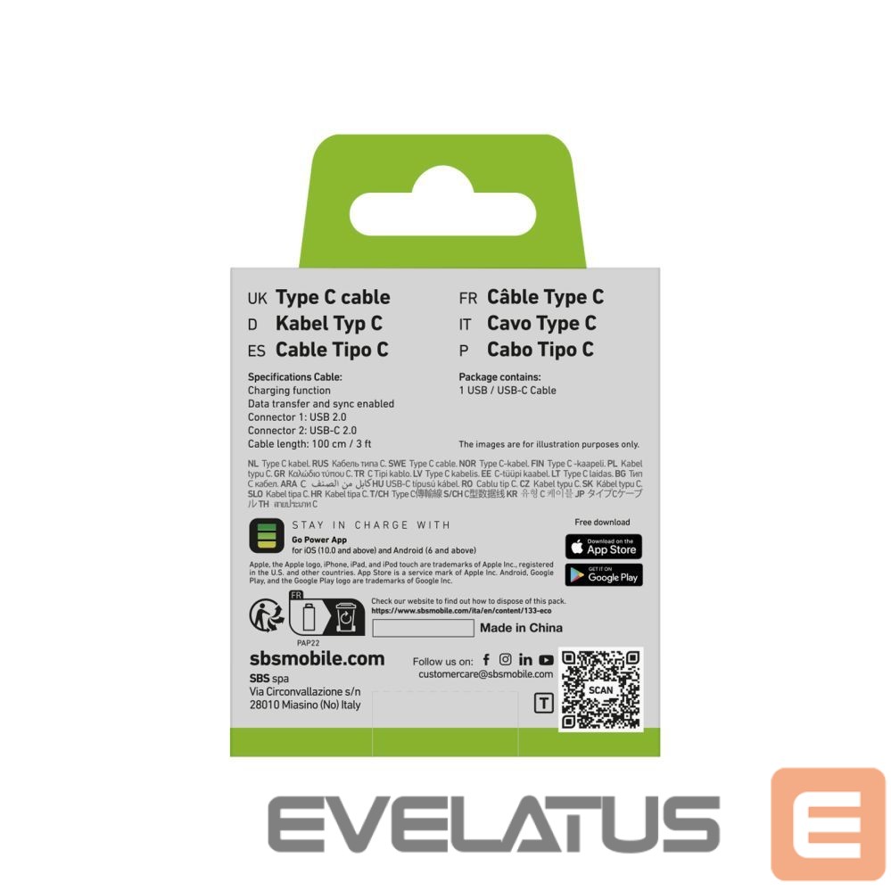 Kaabel SBS SBS TECABLETYC1KPOS USB-A - USB-C Cable 1m - Black