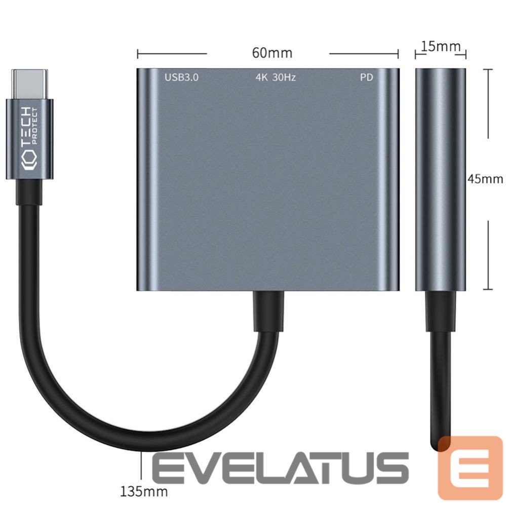 Muu arvutitarvik Tech-Protect HUB Tech-Protect V1 3in1 USB-C - USB-A 3.0 / USB-C PD 100W / HDMI 4K 30Hz - gray